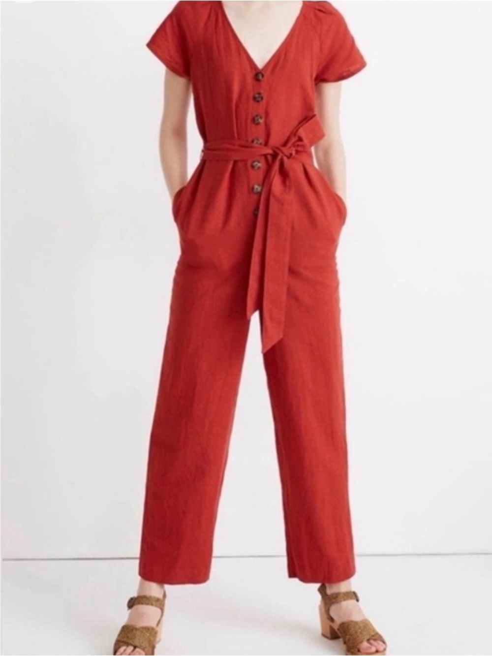 Madewell Rust Red Button Front Linen Blend Wide Leg Jumpsuit Size 2